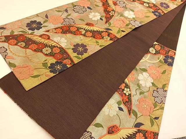 平和屋着物◎六通柄袋帯 唐織 ふくれ織 番傘花文 金糸 正絹 逸品 BAAU1331hv