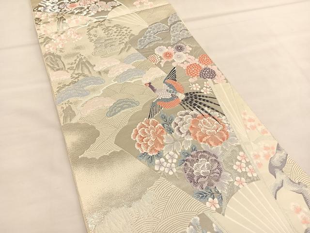 平和屋着物◎六通柄袋帯 唐織 雉檜扇花文 九百錦 プラチナ箔 正絹 逸品 BAAU1352hv