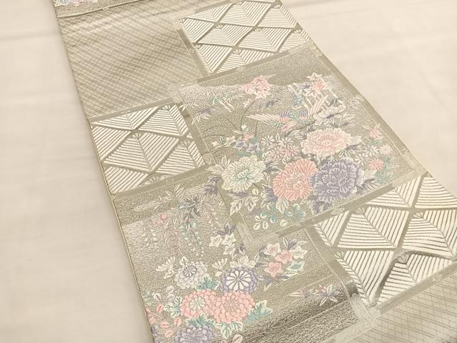 平和屋着物◎六通柄袋帯 唐織 色紙花鳥文 九百錦 プラチナ箔 正絹 逸品 BAAU1365hv