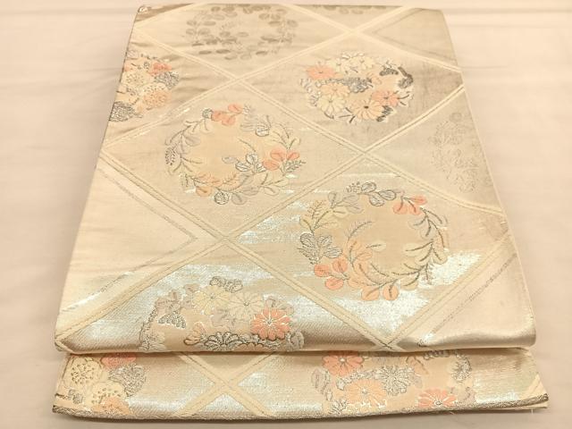 平和屋着物◎六通柄袋帯 唐織 菱天井秋草丸文 銀糸 正絹 逸品 BAAU1383hv