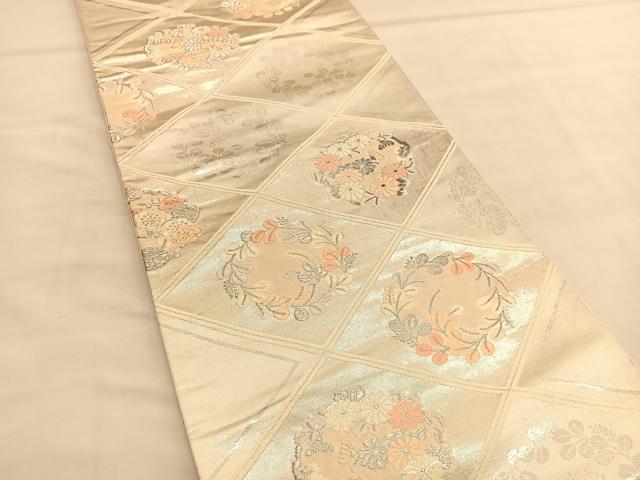 平和屋着物◎六通柄袋帯 唐織 菱天井秋草丸文 銀糸 正絹 逸品 BAAU1383hv