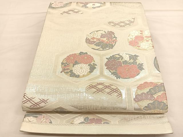 平和屋着物◎六通柄袋帯 唐織 亀甲花丸文 金糸 正絹 逸品 BAAU1407hv