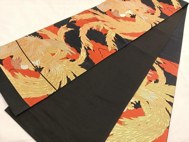 平和屋着物◎六通柄袋帯 唐織 鳳凰 黒地 金銀糸 正絹 逸品 BAAU1430hv