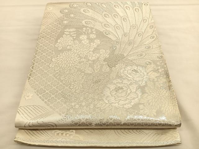 平和屋着物◎六通柄袋帯 唐織 美保姿 孔雀花文 銀糸 正絹 逸品 BAAU1446hv