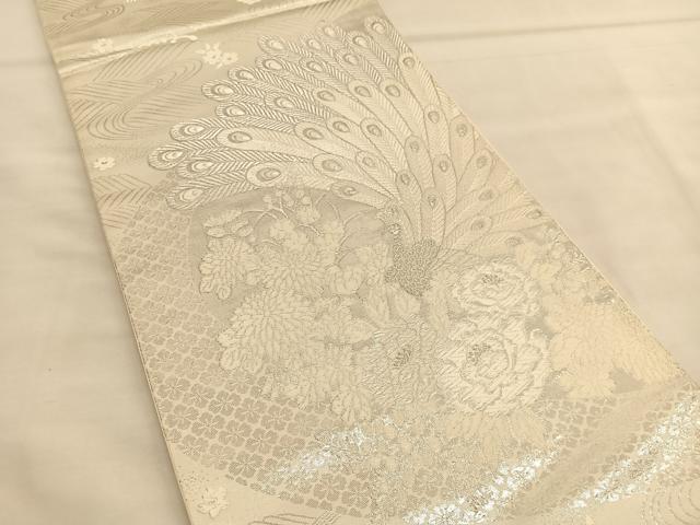 平和屋着物◎六通柄袋帯 唐織 美保姿 孔雀花文 銀糸 正絹 逸品 BAAU1446hv