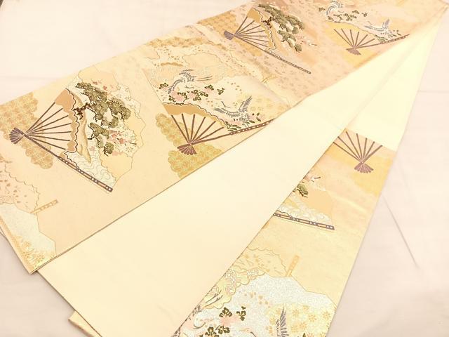 平和屋着物◎六通柄袋帯 唐織 扇面蒔絵花文 金銀糸 正絹 逸品 BAAU1477hv