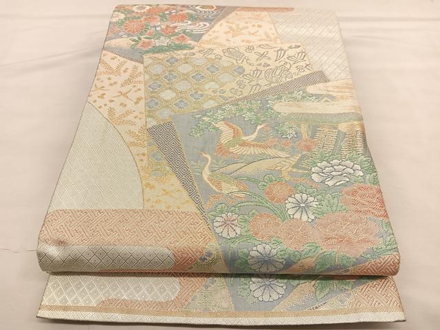 平和屋着物◎宝珠本佐賀錦 六通柄袋帯 色紙飛鶴花文 九百錦 金銀糸 正絹 逸品 BAAU1542hv