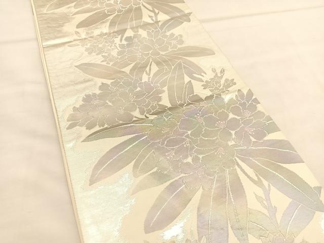 平和屋着物◎六通柄袋帯 草花文 銀糸 引箔 正絹 逸品 BAAU1544hv