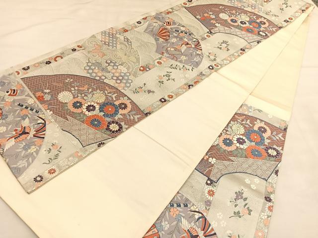 平和屋着物◎六通柄袋帯 唐織 献上扇面菊花文 プラチナ箔 正絹 逸品 BAAU1547hv