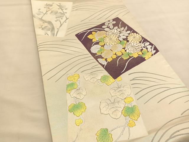 平和屋着物◎六通柄袋帯 駒刺繍 蔦の葉秋草文 金銀彩 引箔 正絹 逸品 BAAU1554hv