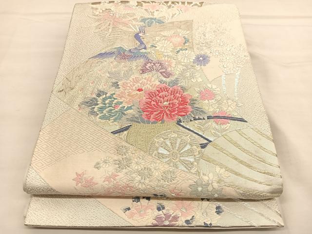 平和屋着物◎六通柄袋帯 唐織 孔雀扇面花車文 銀糸 正絹 逸品 BAAU1594hv