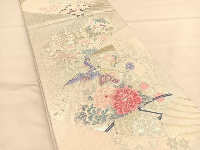 平和屋着物◎六通柄袋帯 唐織 孔雀扇面花車文 銀糸 正絹 逸品 BAAU1594hv