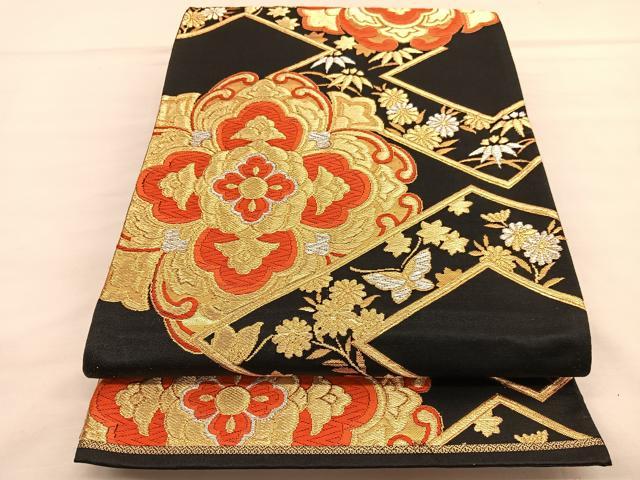 平和屋着物◎六通柄袋帯 唐織 花蝶文 黒地 金銀糸 正絹 逸品 BAAU1625hv