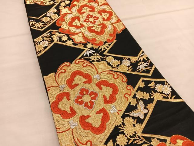 平和屋着物◎六通柄袋帯 唐織 花蝶文 黒地 金銀糸 正絹 逸品 BAAU1625hv