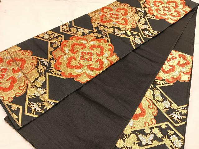 平和屋着物◎六通柄袋帯 唐織 花蝶文 黒地 金銀糸 正絹 逸品 BAAU1625hv