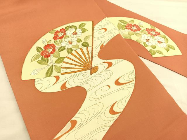 平和屋着物●塩瀬 九寸名古屋帯 駒刺繍 流水扇面椿 金彩 正絹 逸品 BAAU1850hv