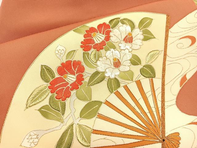 平和屋着物●塩瀬 九寸名古屋帯 駒刺繍 流水扇面椿 金彩 正絹 逸品 BAAU1850hv