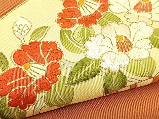 平和屋着物●塩瀬 九寸名古屋帯 駒刺繍 流水扇面椿 金彩 正絹 逸品 BAAU1850hv