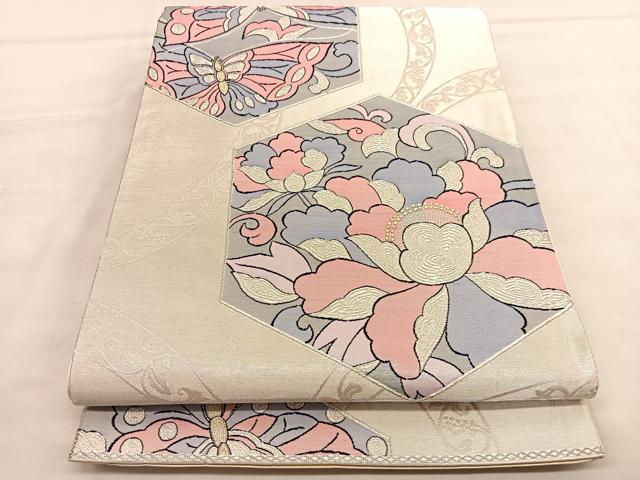 平和屋着物◎六通柄袋帯 亀甲花蝶文 純銀 正絹 逸品 BAAU1975hv