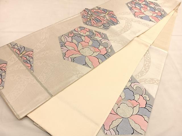 平和屋着物◎六通柄袋帯 亀甲花蝶文 純銀 正絹 逸品 BAAU1975hv