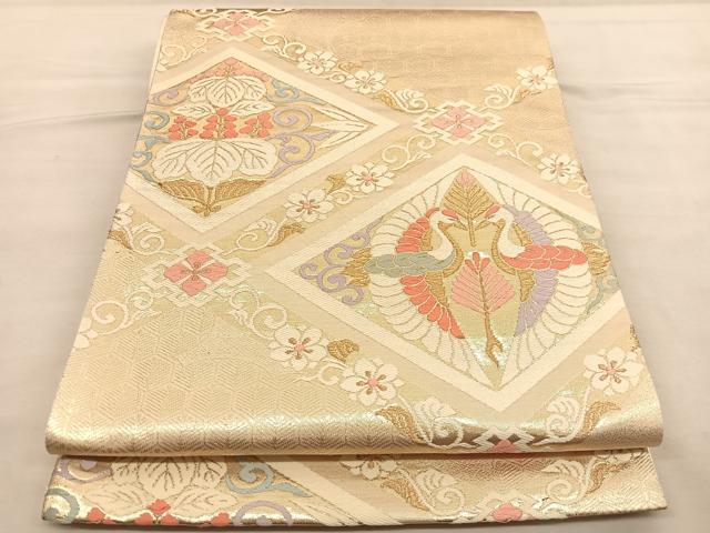 平和屋着物◎六通柄袋帯 唐織 双鶴花菱文 金糸 正絹 逸品 BAAU1985hv
