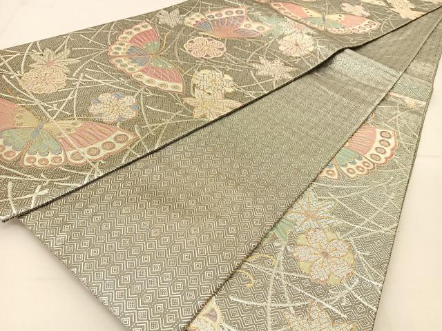 平和屋着物◎佐賀錦 六通柄袋帯 花蝶文 黒地 金銀糸 正絹 逸品 BAAU2030yc
