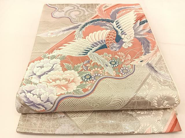 平和屋着物◎六通柄袋帯 唐織 光彩錦 プラチナ箔 鳳凰花文 正絹 逸品 BAAU2032yc