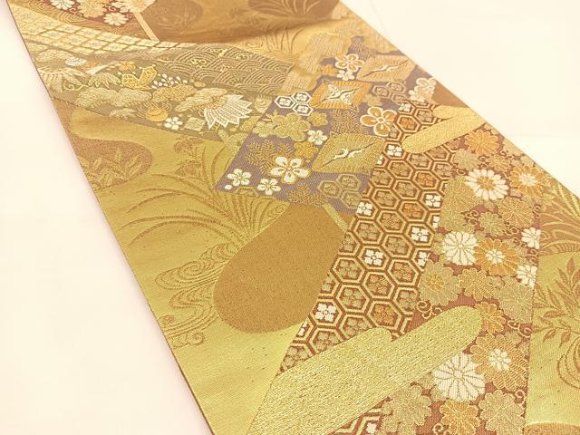 平和屋着物◎六通柄袋帯 吉祥風景花文 金糸 正絹 逸品 BAAU2045yc