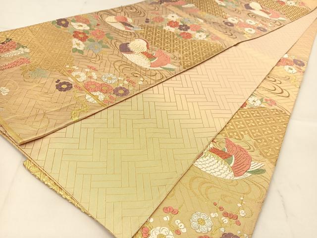 平和屋着物◎佐賀錦 六通柄袋帯 唐織 鴛鴦花文 金銀糸 正絹 逸品 BAAU2061yc