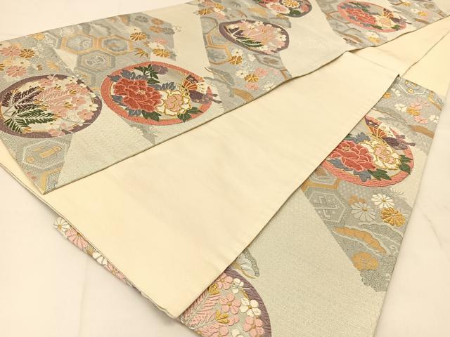 平和屋着物◎六通柄袋帯 唐織 吉祥花蝶丸文 金銀糸 正絹 逸品 BAAU2062yc
