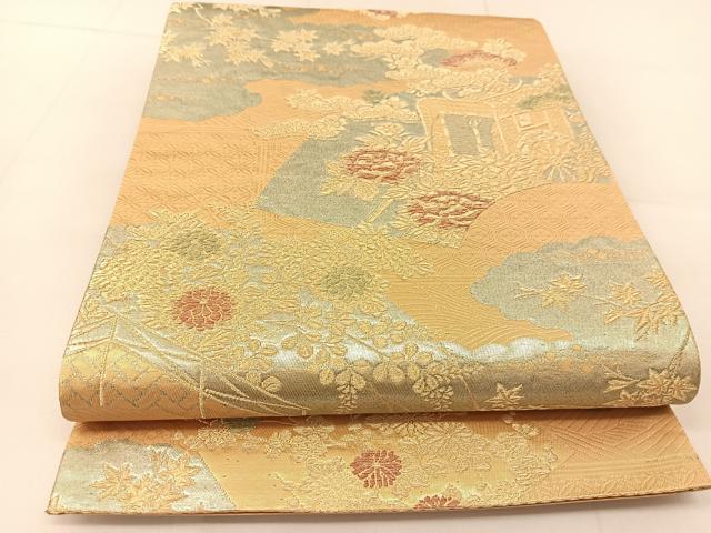 平和屋着物◎六通柄袋帯 地紙御所車花文 金糸 正絹 逸品 BAAU2070yc