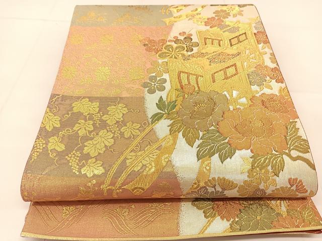 平和屋着物◎六通柄袋帯 御所車花文 金銀糸 正絹 逸品 BAAU2081yc