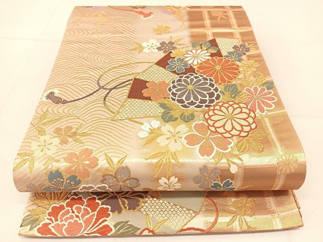 平和屋着物◎六通柄袋帯 唐織 立波飾花文 金糸 正絹 逸品 BAAU2083yc