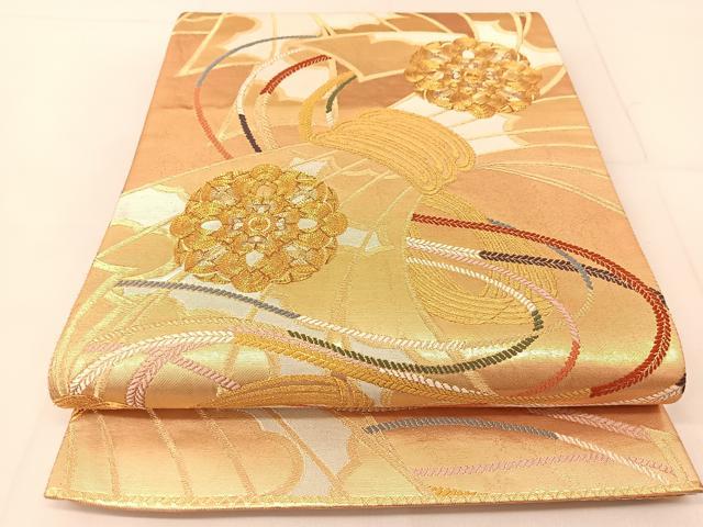 平和屋着物◎六通柄袋帯 唐織 駒刺繍 繍彩錦 山河織物 結び熨斗花文 金銀糸 正絹 逸品 BAAU2096yc