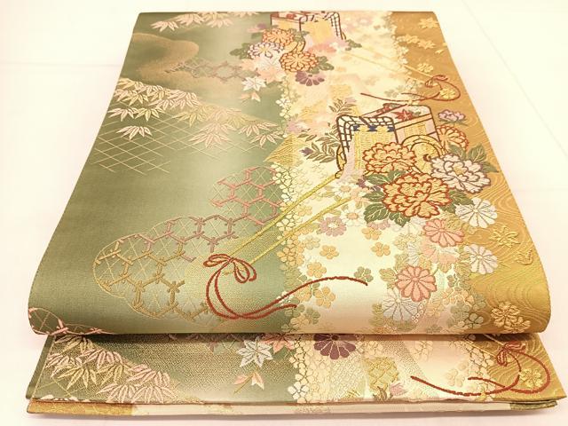 平和屋着物◎六通柄袋帯 唐織 御所車花文 金糸 正絹 逸品 BAAU2120yc