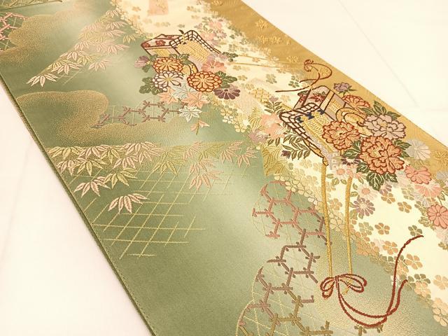 平和屋着物◎六通柄袋帯 唐織 御所車花文 金糸 正絹 逸品 BAAU2120yc