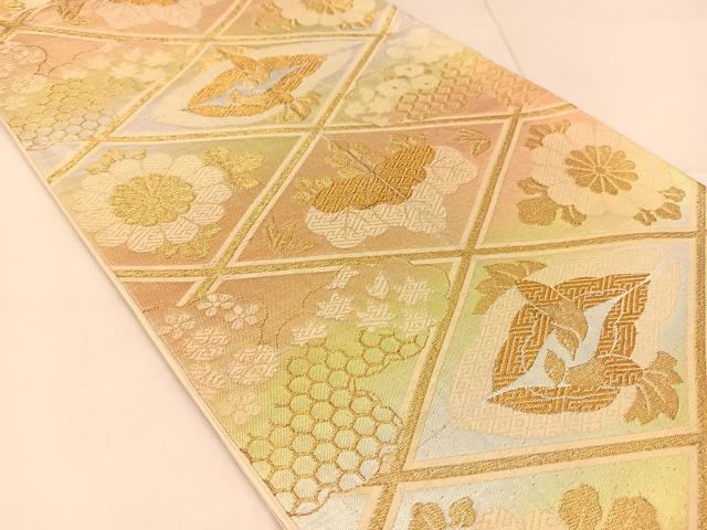 平和屋着物◎六通柄袋帯 唐織 菱天井花鳥文 金銀糸 正絹 逸品 BAAU2233yc