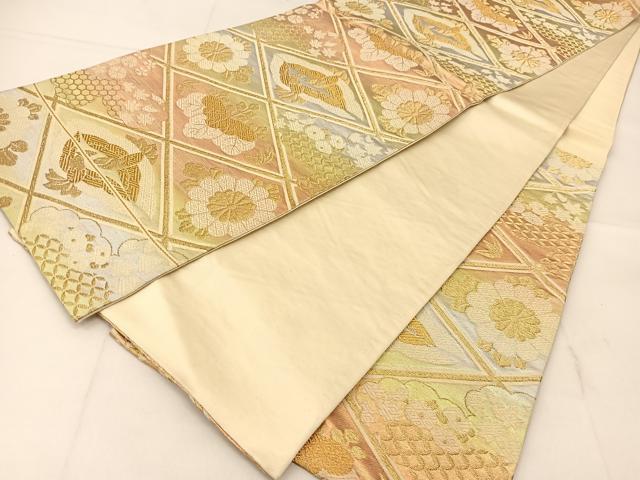 平和屋着物◎六通柄袋帯 唐織 菱天井花鳥文 金銀糸 正絹 逸品 BAAU2233yc