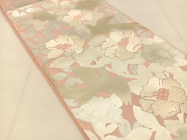 平和屋着物◎太鼓柄袋帯 銀駒刺繍 花鳥文 銀彩 引箔 正絹 逸品 BAAU2261yc