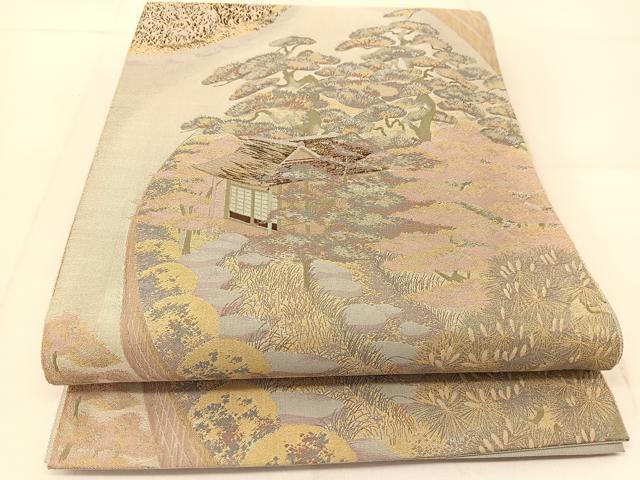 平和屋着物◎全通柄袋帯 風景花文 正絹 逸品 BAAU2279yc