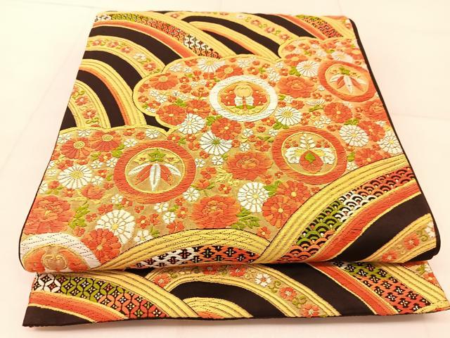 平和屋着物◎六通柄袋帯 唐織 雲取り花蝶青海波 金糸 正絹 逸品 BAAU2293yc