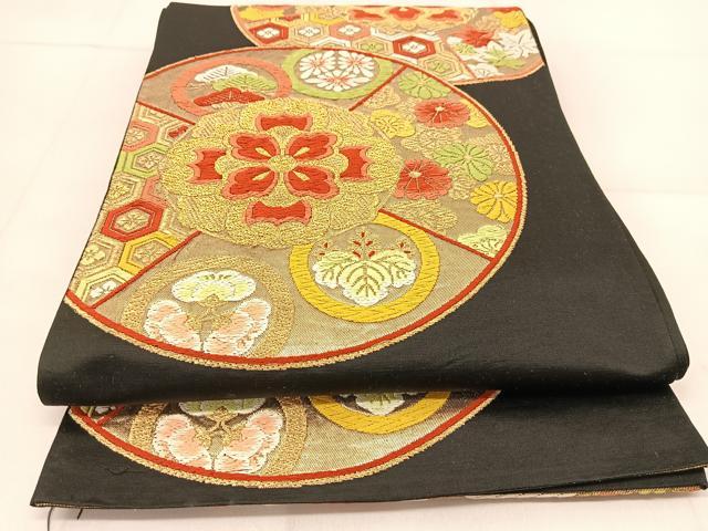 平和屋着物◎六通柄袋帯 唐織 正倉院花丸文 黒地 金糸 正絹 逸品 BAAU2340yc