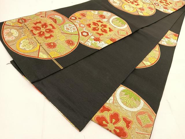 平和屋着物◎六通柄袋帯 唐織 正倉院花丸文 黒地 金糸 正絹 逸品 BAAU2340yc