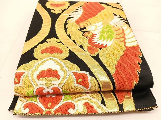 平和屋着物◎六通柄袋帯 唐織 鳳凰立涌花文 黒地 金銀糸 正絹 逸品 BAAU2345yc