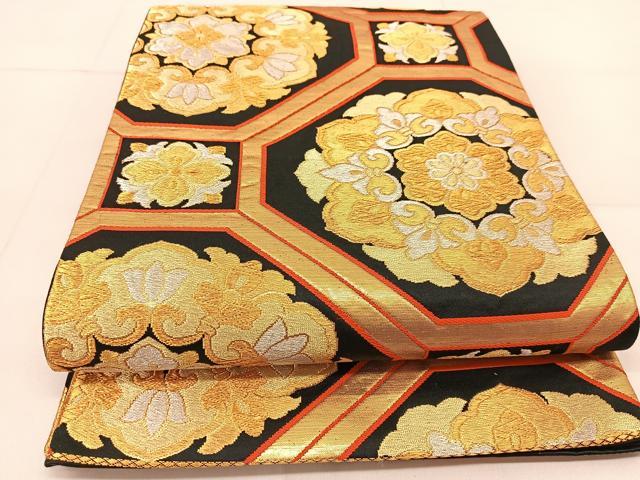 平和屋着物◎六通柄袋帯 蜀江正倉院花文 黒地 金銀糸 正絹 逸品 BAAU2350yc