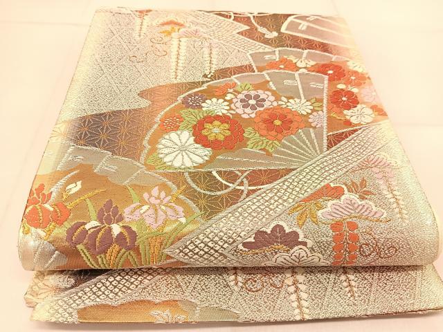 平和屋着物◎六通柄袋帯 唐織 檜扇花文 金銀糸 正絹 逸品 BAAU2363yc