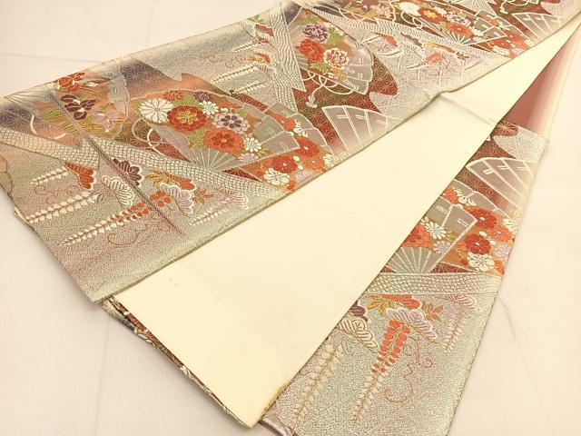 平和屋着物◎六通柄袋帯 唐織 檜扇花文 金銀糸 正絹 逸品 BAAU2363yc
