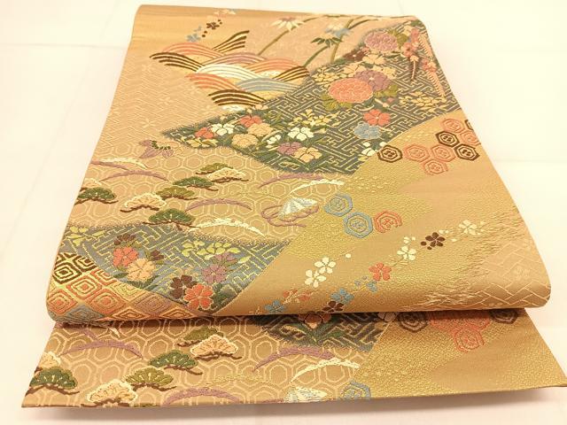 平和屋着物◎六通柄袋帯 唐織 吉祥草花文 金銀糸 正絹 逸品 BAAU2366yc