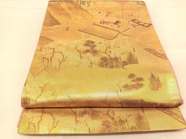平和屋着物◎西陣 六通柄袋帯 人物風景文 引箔 証紙付き 正絹 逸品 BAAU2380yc