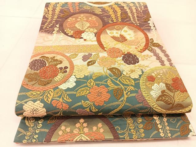 平和屋着物●六通柄袋帯 唐織 花蝶丸文 金糸 正絹 逸品 BAAU2393yc